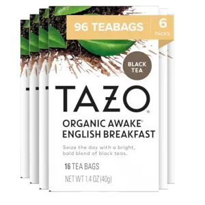 TAZO Organic Awake English Breakfast Black Tea Bags, 96 Total Tea Bags (16ct - Pack of 6)