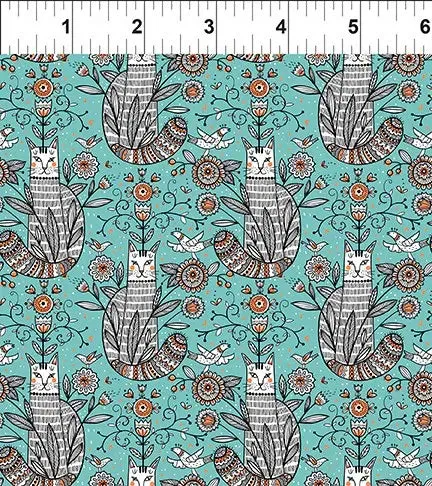 Teal Cats - Whimsy by Jason Yenter of In The Beginning Fabrics by the YARD 2891