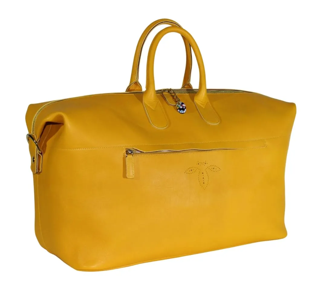 The 038 Venetian Duffle Bag Real Leather with Murano Murrine Glass Zipper | Handmade in Italy, Travel Duffel Bag Briefcase Vegetable Tanned Leather(YELLOW)