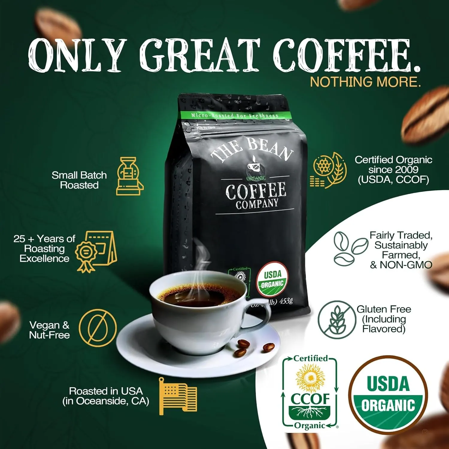 The Bean Organic Coffee Company South America, Medium Roast, Whole Bean Coffee, 16-Ounce Bags (Pack of 2)