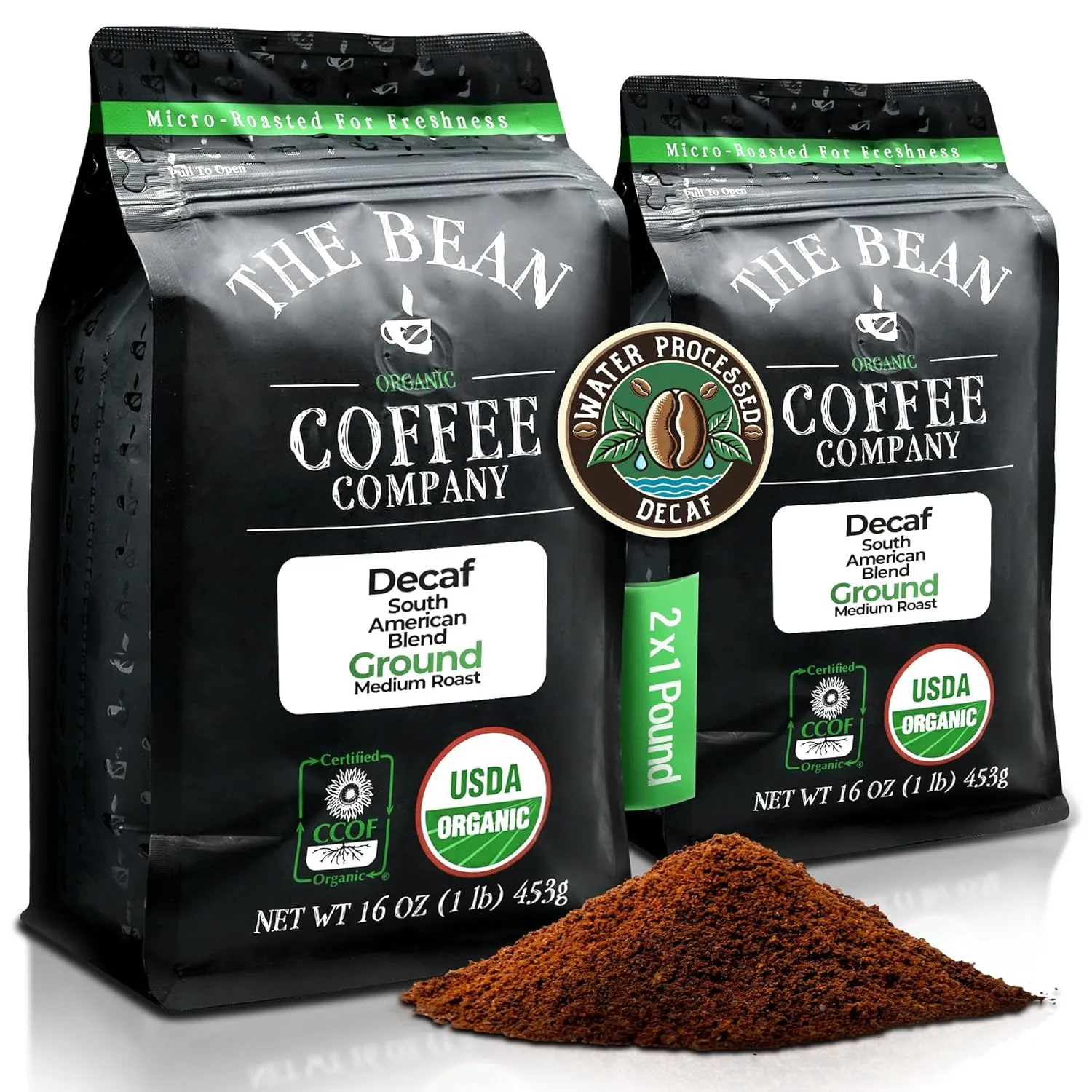 The Bean Organic Coffee Company Water Processed DECAF South America Blend, Medium Roast, Ground Coffee, 16-Ounce Bags (Pack of 2), Café Molido Tostado Orgánico descafeinado