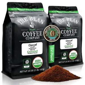 The Bean Organic Coffee Company Water Processed DECAF South America Blend, Medium Roast, Ground Coffee, 16-Ounce Bags (Pack of 2), Café Molido Tostado Orgánico descafeinado
