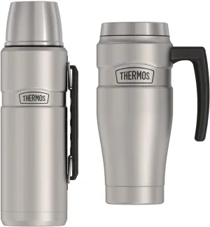 THERMOS Stainless King Vacuum-Insulated Beverage Bottle (40 Ounce) and Travel Mug (16 Ounce), Matte Steel