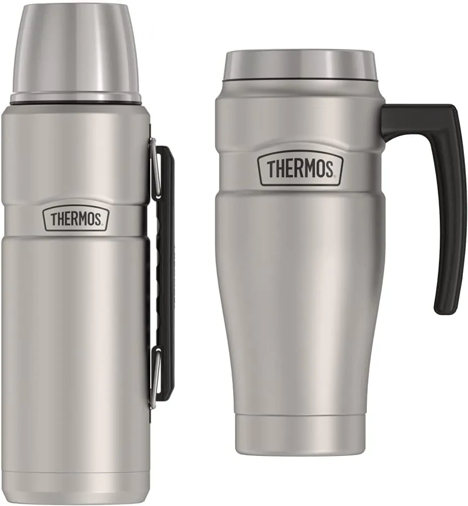 THERMOS Stainless King Vacuum-Insulated Beverage Bottle (40 Ounce) and Travel Mug (16 Ounce), Matte Steel