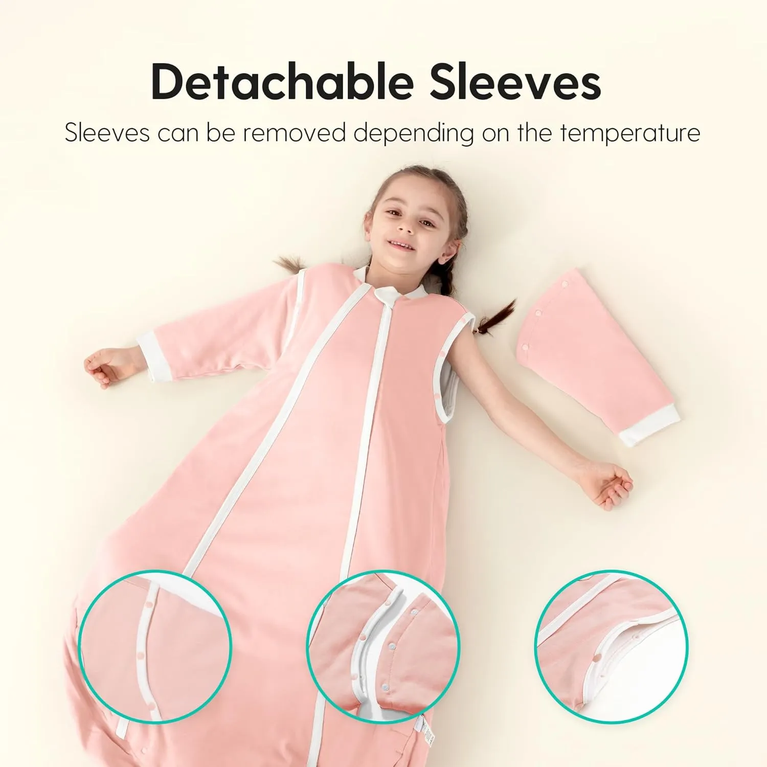 Thermostatic Sleep Sack 6-12 Months, TOG 2.5 Infant Wearable Blanket for Winter, 100% Cotton Baby Sleeping Bags with Detachable Sleeves, Medium Size, Pink