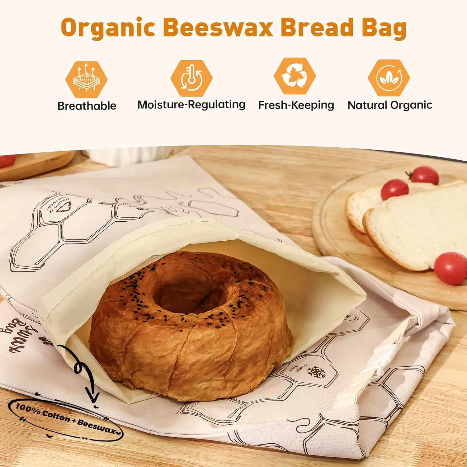 Tirphy Reusable Bread Bags for Homemade Bread- XL Cotton Beeswax Bags with Proofing Cover - Sourdough Bread Storage to Keep Fresh 2 Pack