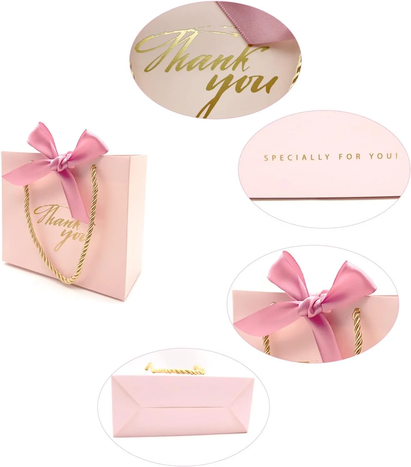 TKSBAG 20 Pack Small Pink Thank You Gift Bags With Handles-5.5''x 2.5''x4.7'' Mini Gift Bags Bulk for Baby Shower, Birthday, Wedding, Mother's Day