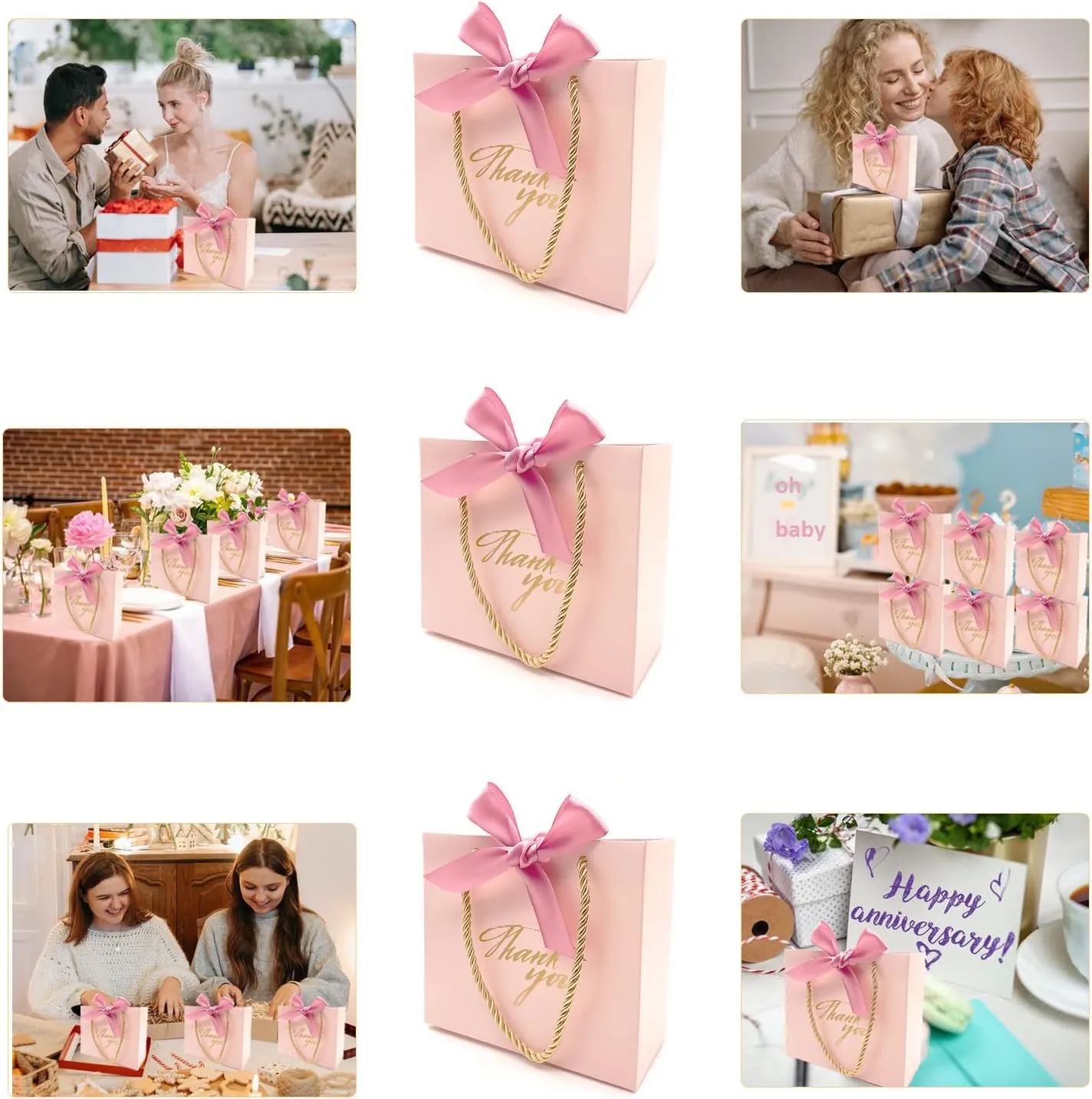TKSBAG 20 Pack Small Pink Thank You Gift Bags With Handles-5.5''x 2.5''x4.7'' Mini Gift Bags Bulk for Baby Shower, Birthday, Wedding, Mother's Day