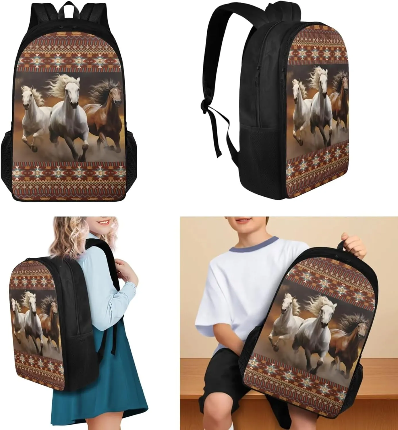 TOADDITDO Horse School Bag and Lunch Box Set for Girls 4 Piece Backpack Set with Pencil Case Water Bottle Sleeve Southwest Africa Aztec Middle School Large Book Bags Lightweight Travel Duffle Bag