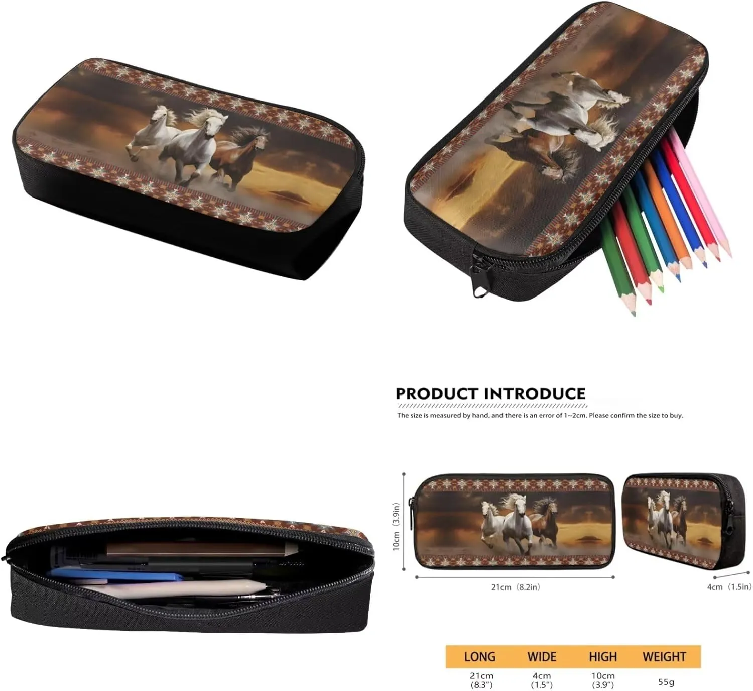 TOADDITDO Horse School Bag and Lunch Box Set for Girls 4 Piece Backpack Set with Pencil Case Water Bottle Sleeve Southwest Africa Aztec Middle School Large Book Bags Lightweight Travel Duffle Bag