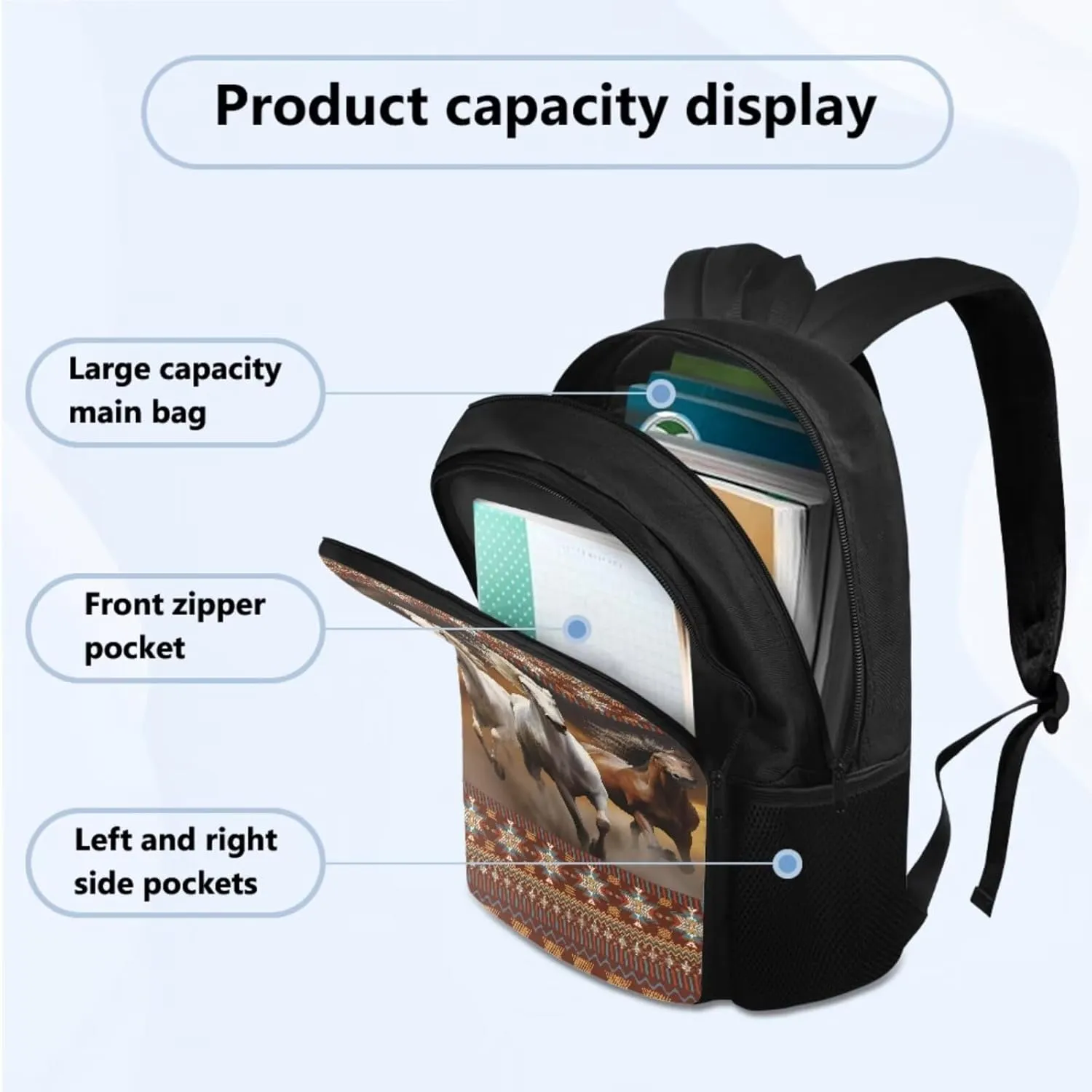 TOADDITDO Horse School Bag and Lunch Box Set for Girls 4 Piece Backpack Set with Pencil Case Water Bottle Sleeve Southwest Africa Aztec Middle School Large Book Bags Lightweight Travel Duffle Bag