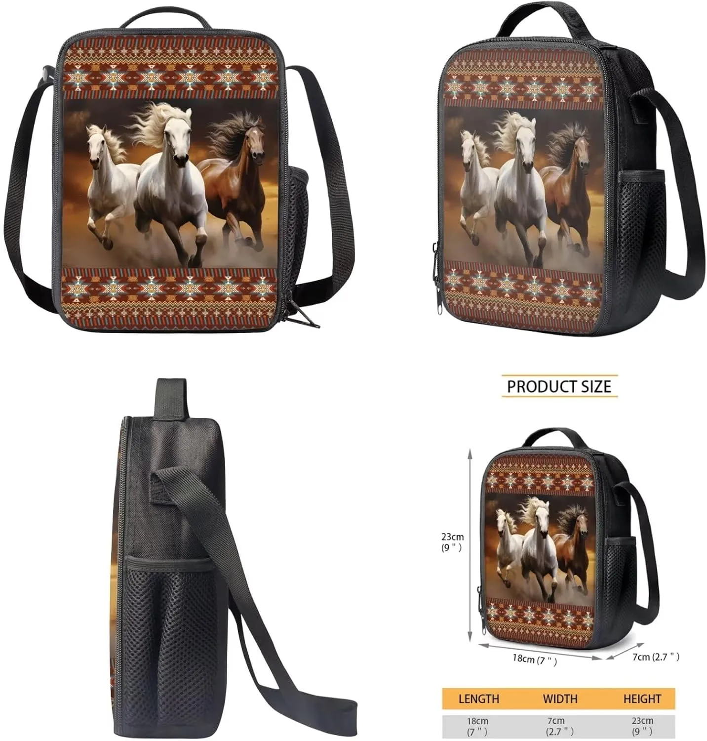 TOADDITDO Horse School Bag and Lunch Box Set for Girls 4 Piece Backpack Set with Pencil Case Water Bottle Sleeve Southwest Africa Aztec Middle School Large Book Bags Lightweight Travel Duffle Bag