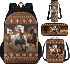 TOADDITDO Horse School Bag and Lunch Box Set for Girls 4 Piece Backpack Set with Pencil Case Water Bottle Sleeve Southwest Africa Aztec Middle School Large Book Bags Lightweight Travel Duffle Bag