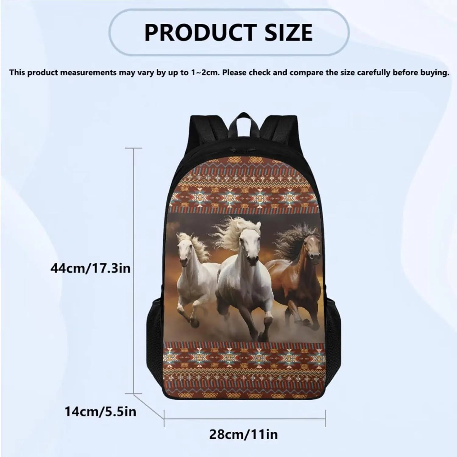 TOADDITDO Horse School Bag and Lunch Box Set for Girls 4 Piece Backpack Set with Pencil Case Water Bottle Sleeve Southwest Africa Aztec Middle School Large Book Bags Lightweight Travel Duffle Bag