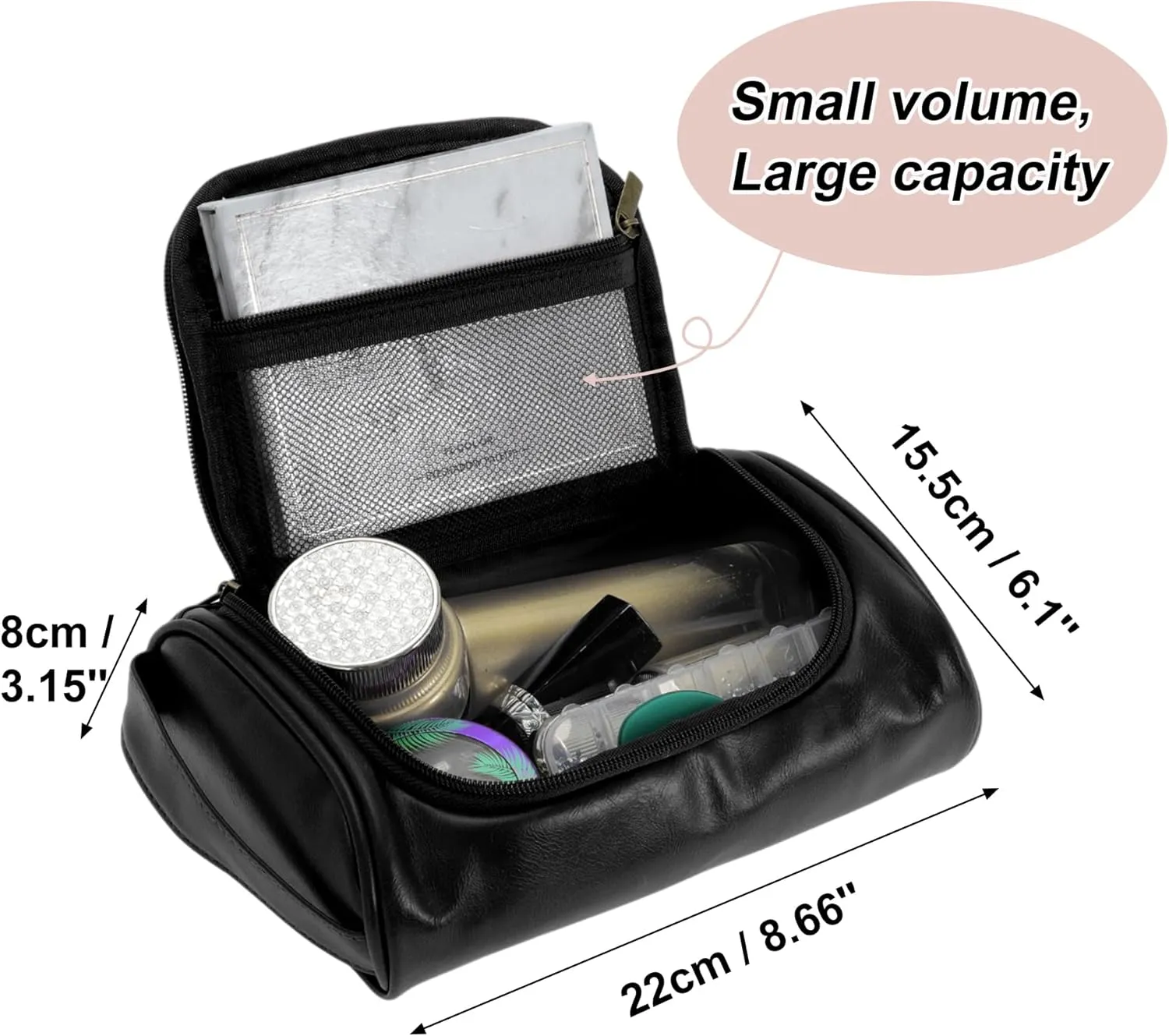 Toiletry Bag, PU Travel Cosmetic Bag for Women, Travel Organizer Bags, Waterproof and Durable Make Up Bag with Compartments, Black