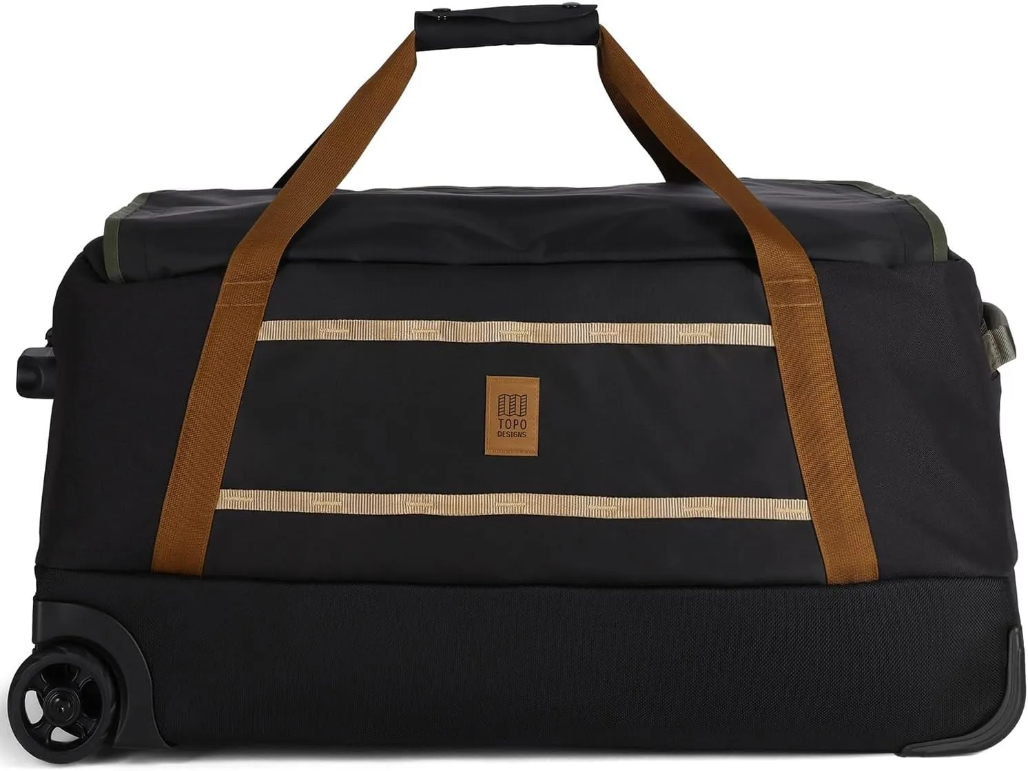 Topo Designs Mountain Duffel Roller 90L, Telescoping Handle, Crushproof Wheels, External Stabilizer Bar   Panel Rails, Matte PVC Liner, Bluesign Approved (Black/Neutral)