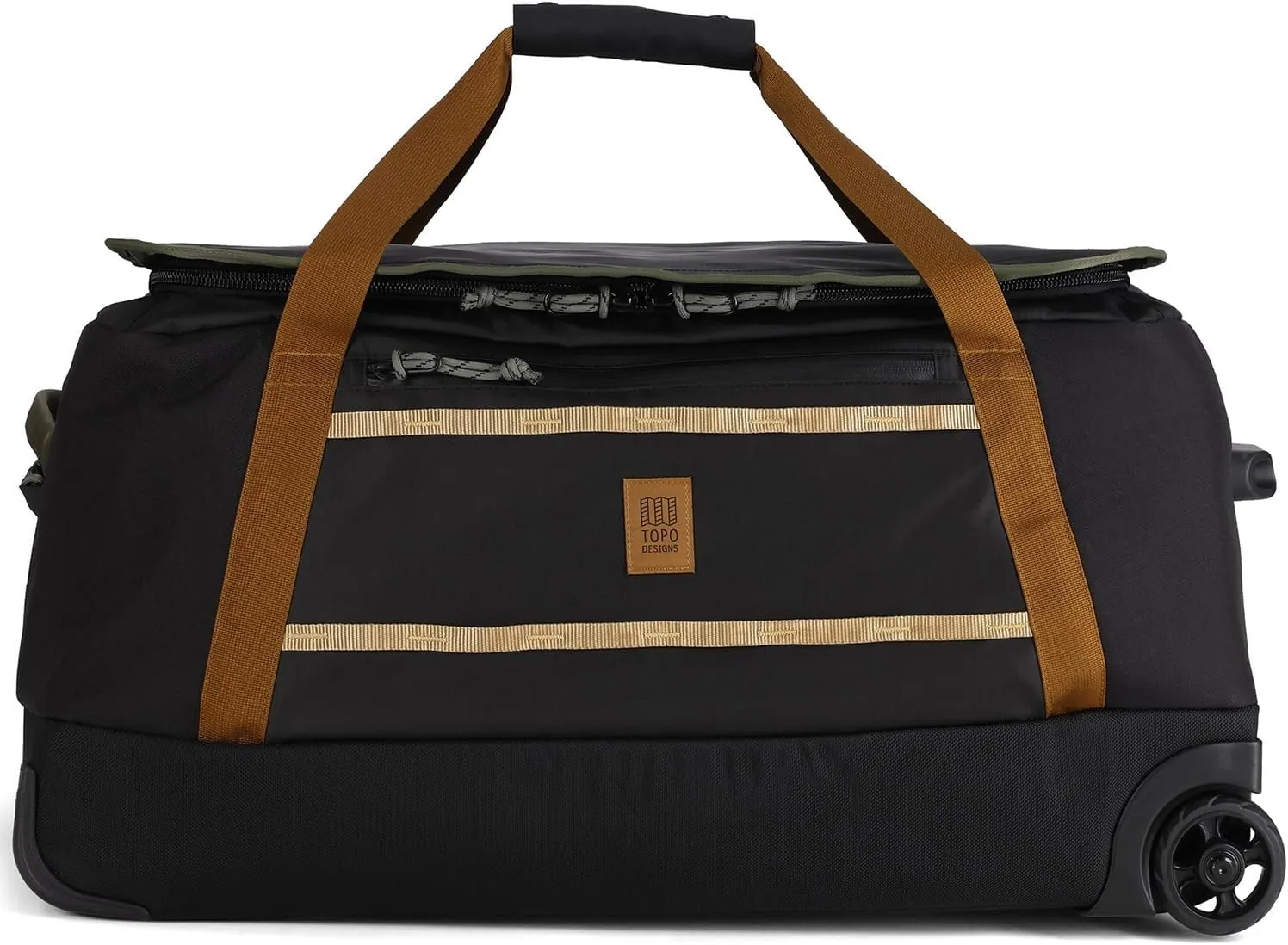 Topo Designs Mountain Duffel Roller 90L, Telescoping Handle, Crushproof Wheels, External Stabilizer Bar   Panel Rails, Matte PVC Liner, Bluesign Approved (Black/Neutral)