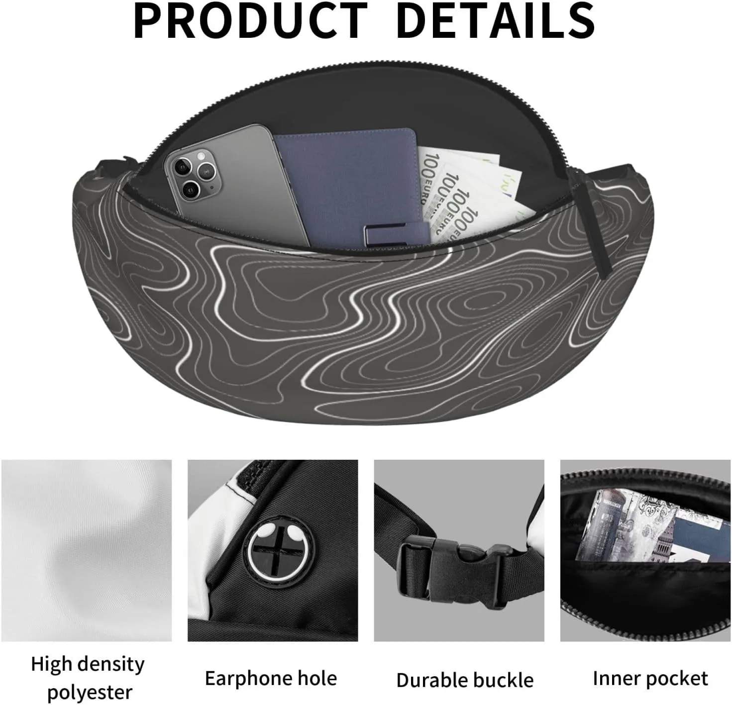 Topography Contour Map Fanny Pack, Crossbody Waist Packs for Women Men Waist Bags with Adjustable Strap for Travel Running Hiking Sport