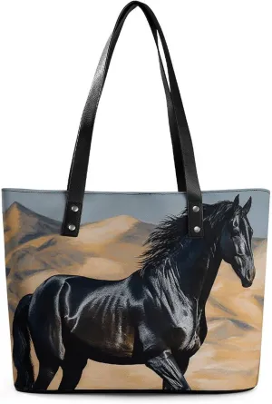 Tote Bag for Women Black Arabian Horse Handbags Aesthetic Tote Fashion Shoulder Bags for Beach Work Travel