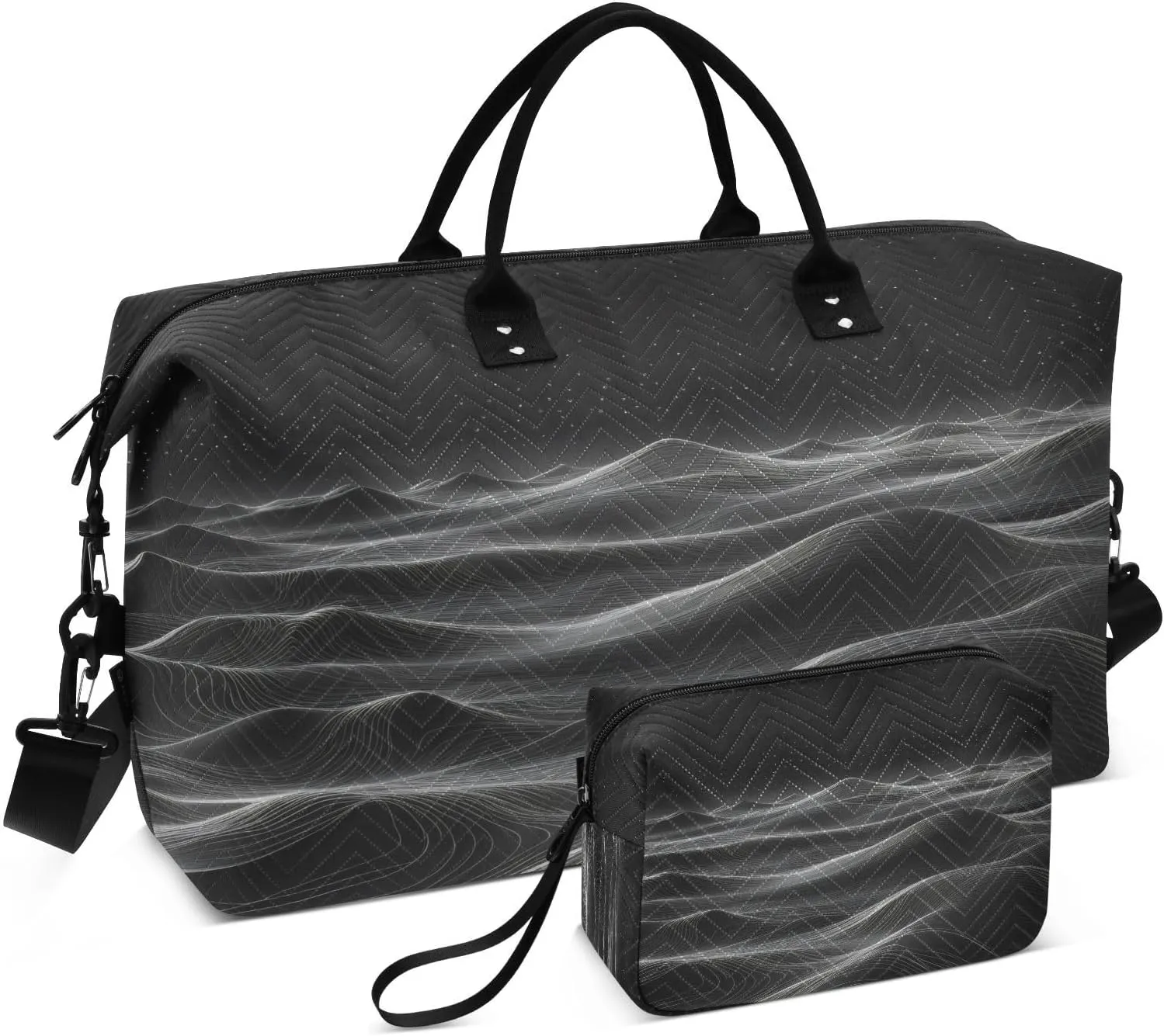 Travel Duffel Bag Large Weekender Overnight Bags for Women Men, Black 3d Topographic Contour Gym Bag with Toiletry Bag
