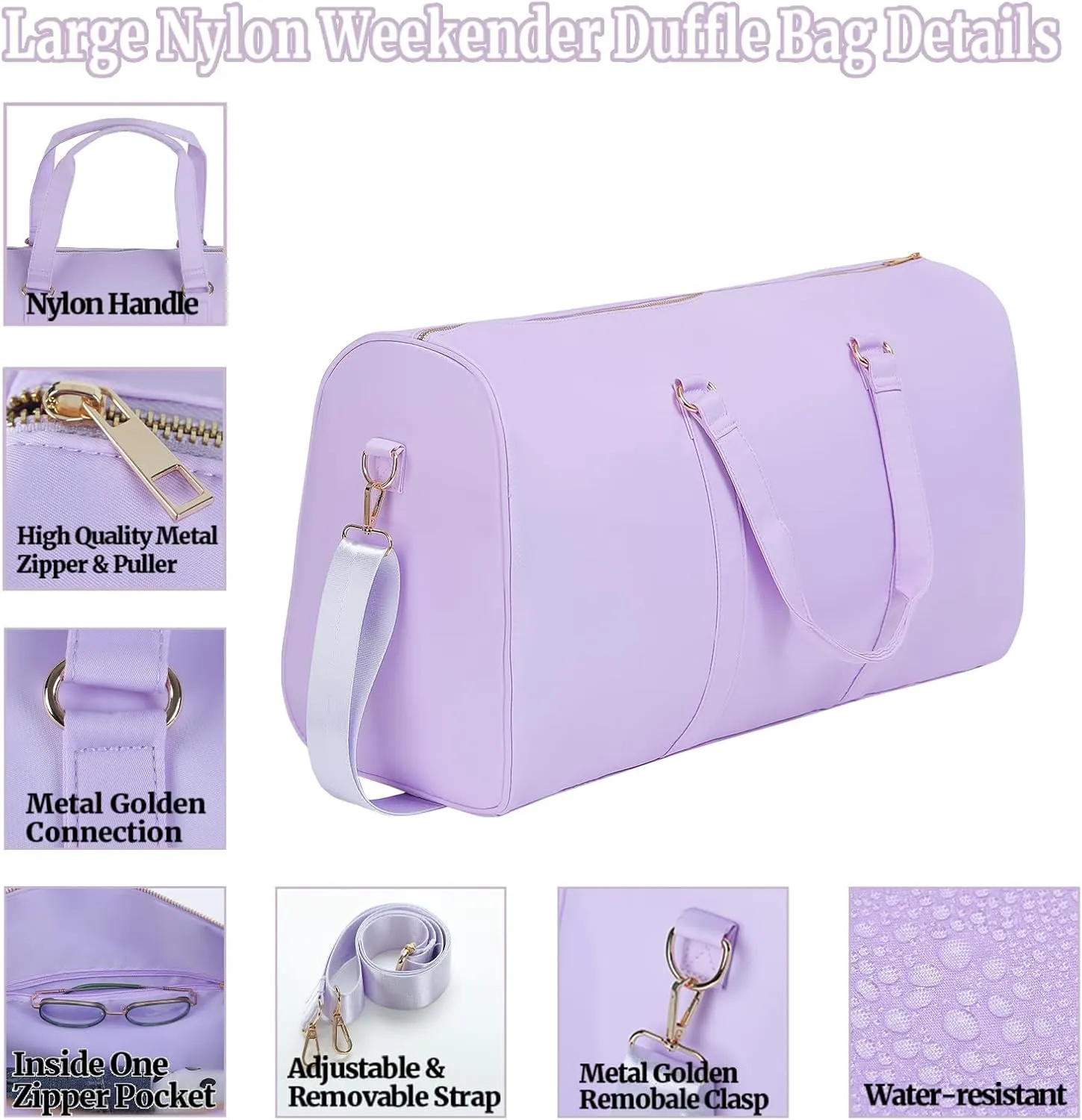 Travel Duffel Bag Weekender Bag for Women Nylon Overnight Bag Large Hospital Bag (Purple)