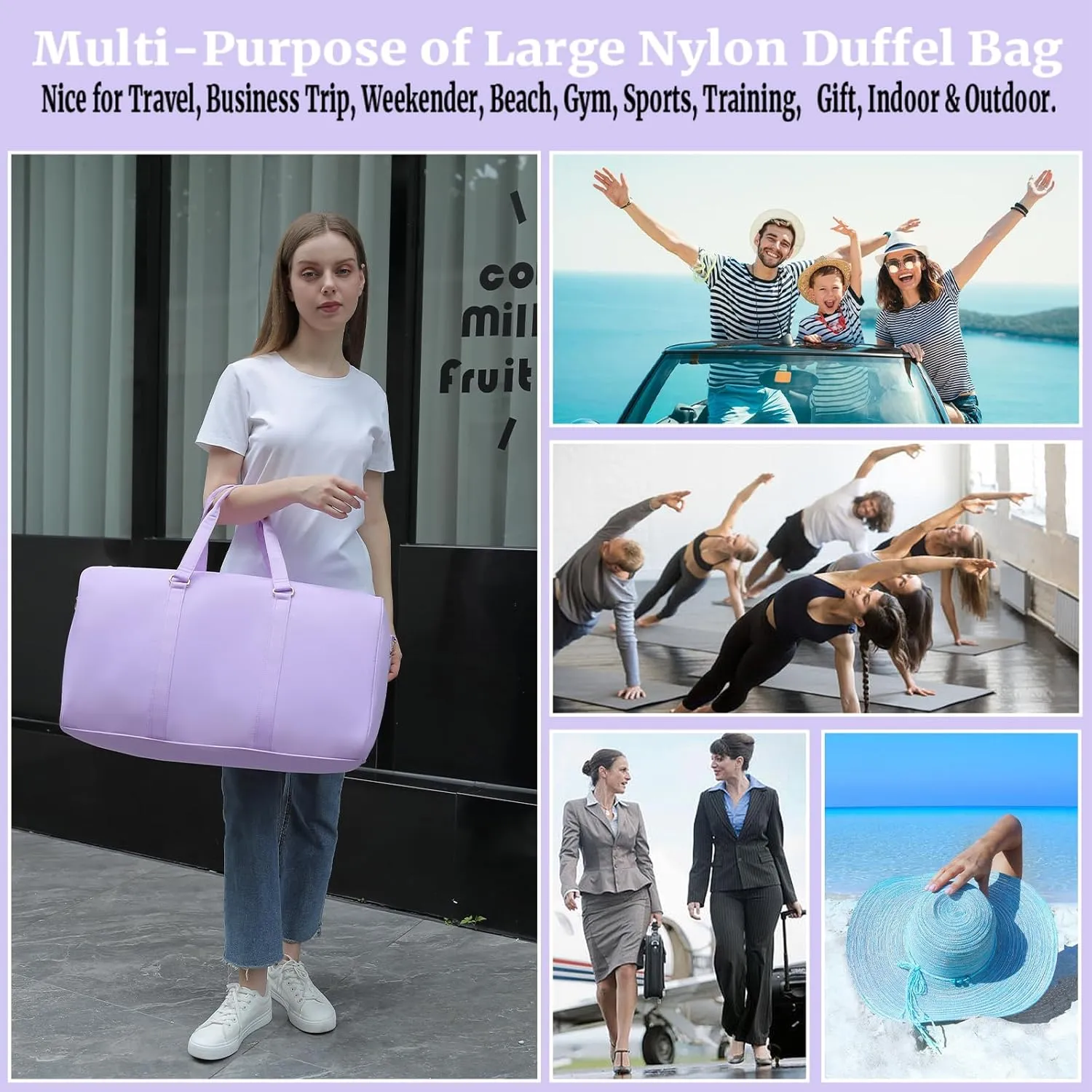 Travel Duffel Bag Weekender Bag for Women Nylon Overnight Bag Large Hospital Bag (Purple)