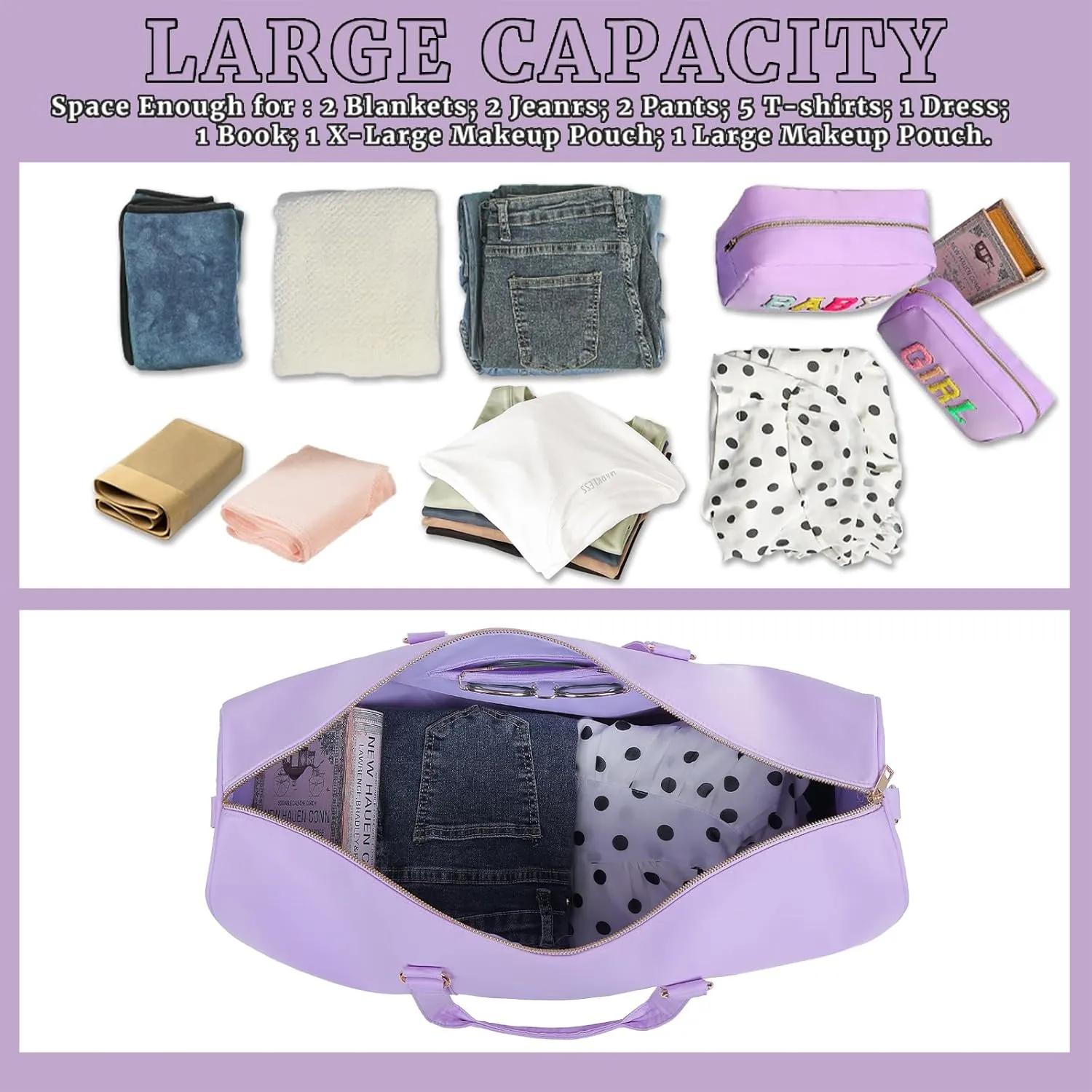 Travel Duffel Bag Weekender Bag for Women Nylon Overnight Bag Large Hospital Bag (Purple)