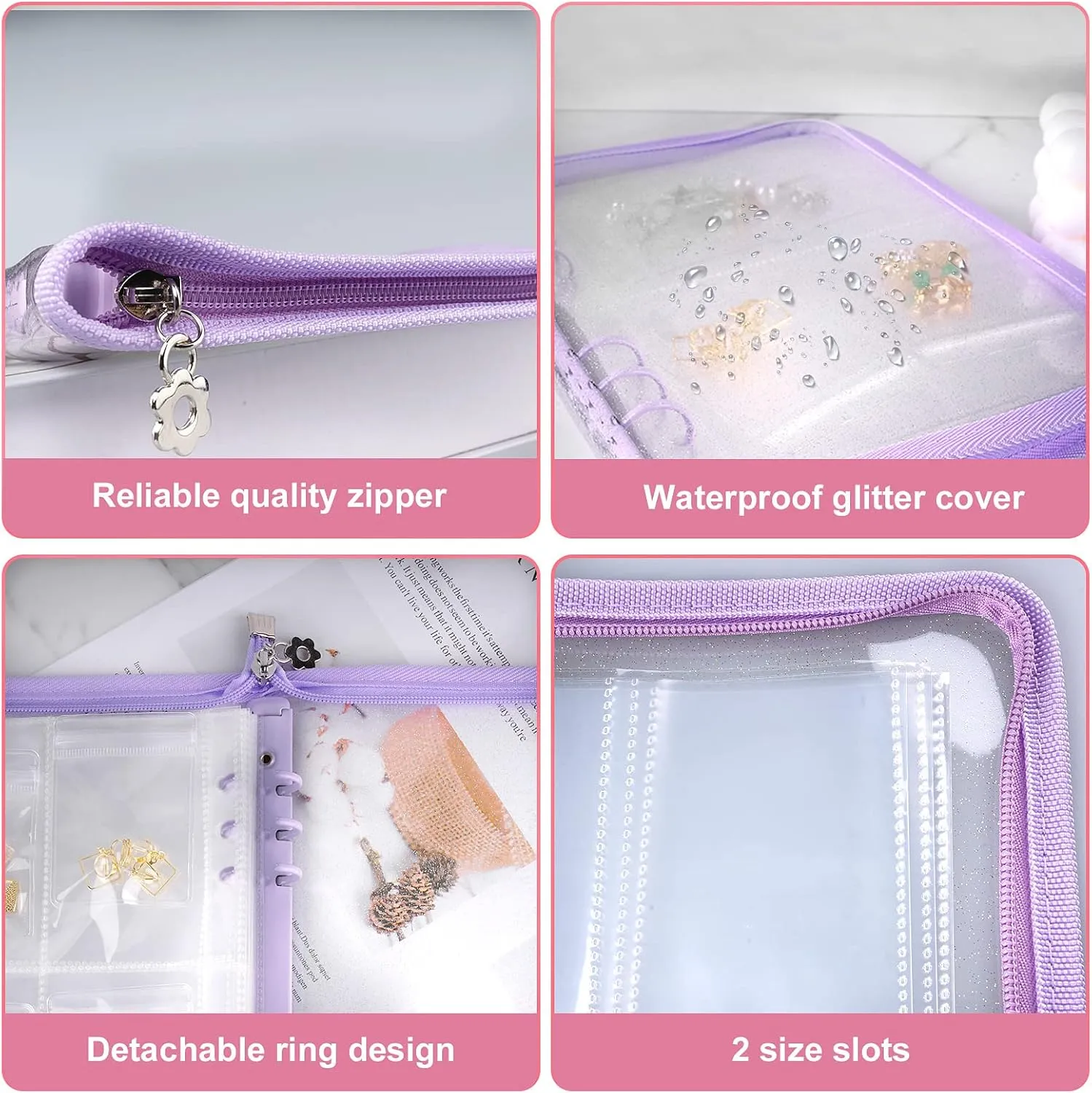Travel Jewelry Organizer Transparent Jewelry Storage Book Set with Pocket Traveling Necklace Earring Organizer with Zipper for Ring, Bracelets, Stud (120 Grids  75 Thicken PVC Zipper Bags, Purple)