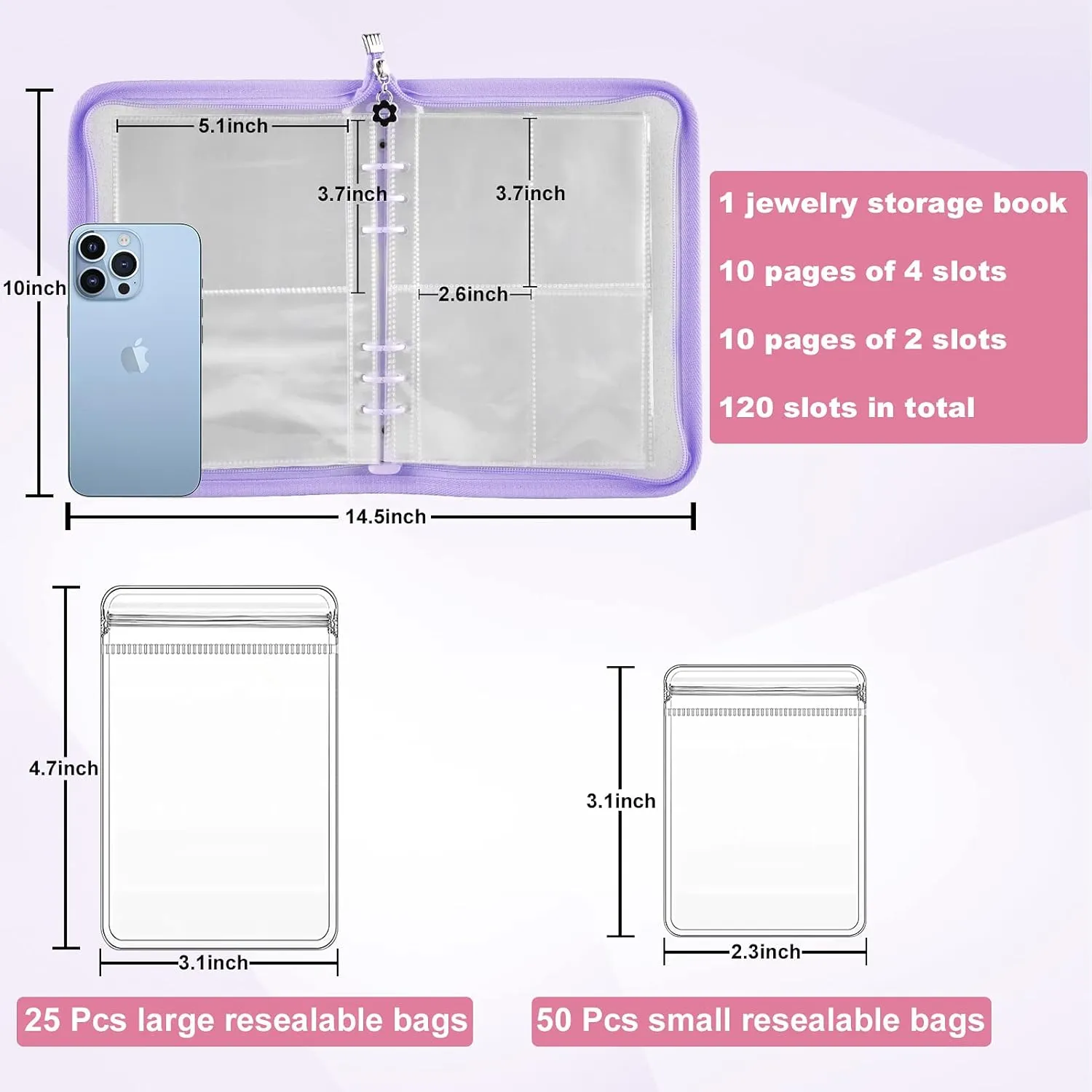 Travel Jewelry Organizer Transparent Jewelry Storage Book Set with Pocket Traveling Necklace Earring Organizer with Zipper for Ring, Bracelets, Stud (120 Grids  75 Thicken PVC Zipper Bags, Purple)