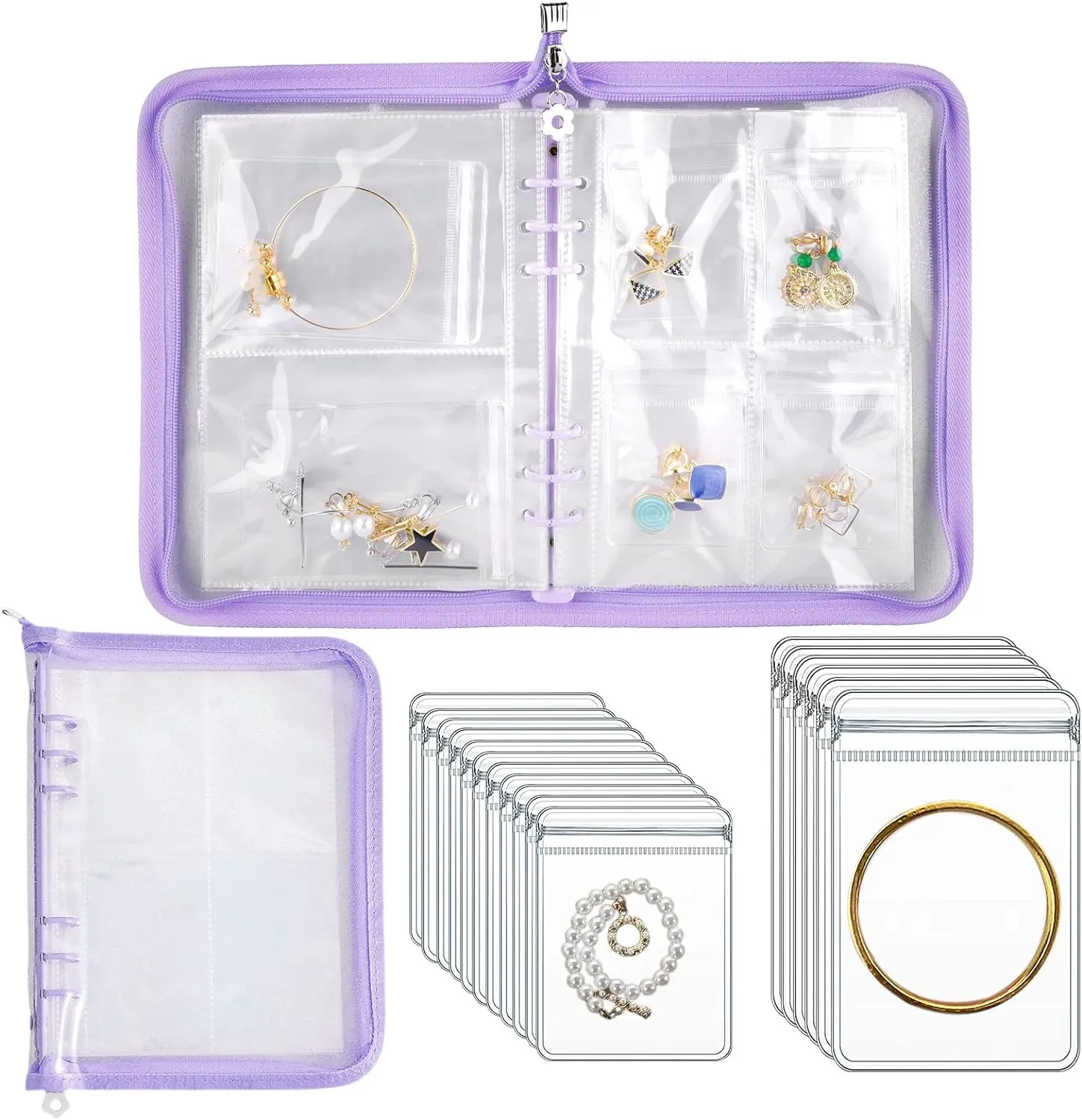 Travel Jewelry Organizer Transparent Jewelry Storage Book Set with Pocket Traveling Necklace Earring Organizer with Zipper for Ring, Bracelets, Stud (120 Grids  75 Thicken PVC Zipper Bags, Purple)