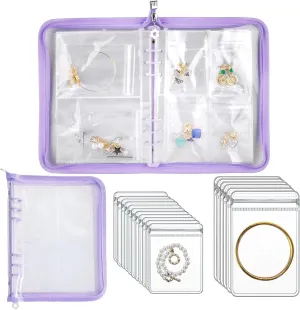 Travel Jewelry Organizer Transparent Jewelry Storage Book Set with Pocket Traveling Necklace Earring Organizer with Zipper for Ring, Bracelets, Stud (120 Grids  75 Thicken PVC Zipper Bags, Purple)