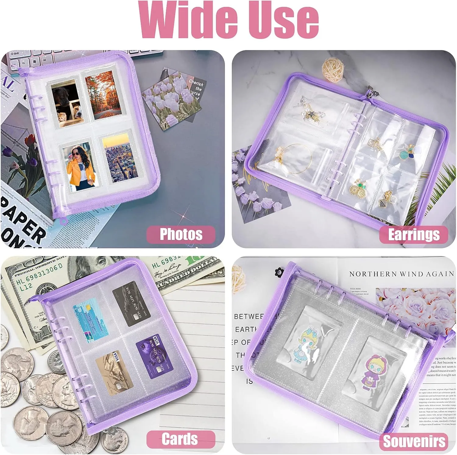 Travel Jewelry Organizer Transparent Jewelry Storage Book Set with Pocket Traveling Necklace Earring Organizer with Zipper for Ring, Bracelets, Stud (120 Grids  75 Thicken PVC Zipper Bags, Purple)