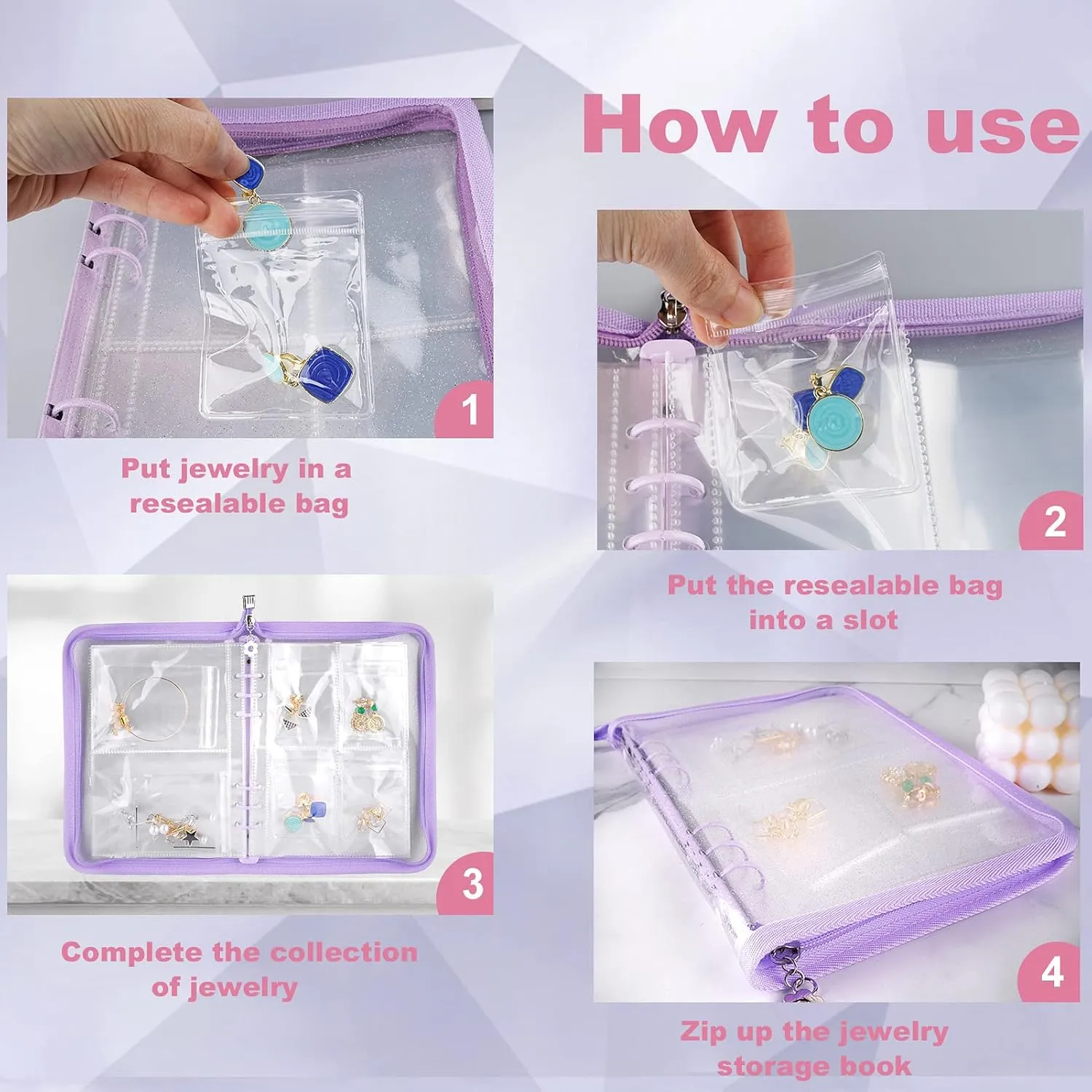 Travel Jewelry Organizer Transparent Jewelry Storage Book Set with Pocket Traveling Necklace Earring Organizer with Zipper for Ring, Bracelets, Stud (120 Grids  75 Thicken PVC Zipper Bags, Purple)
