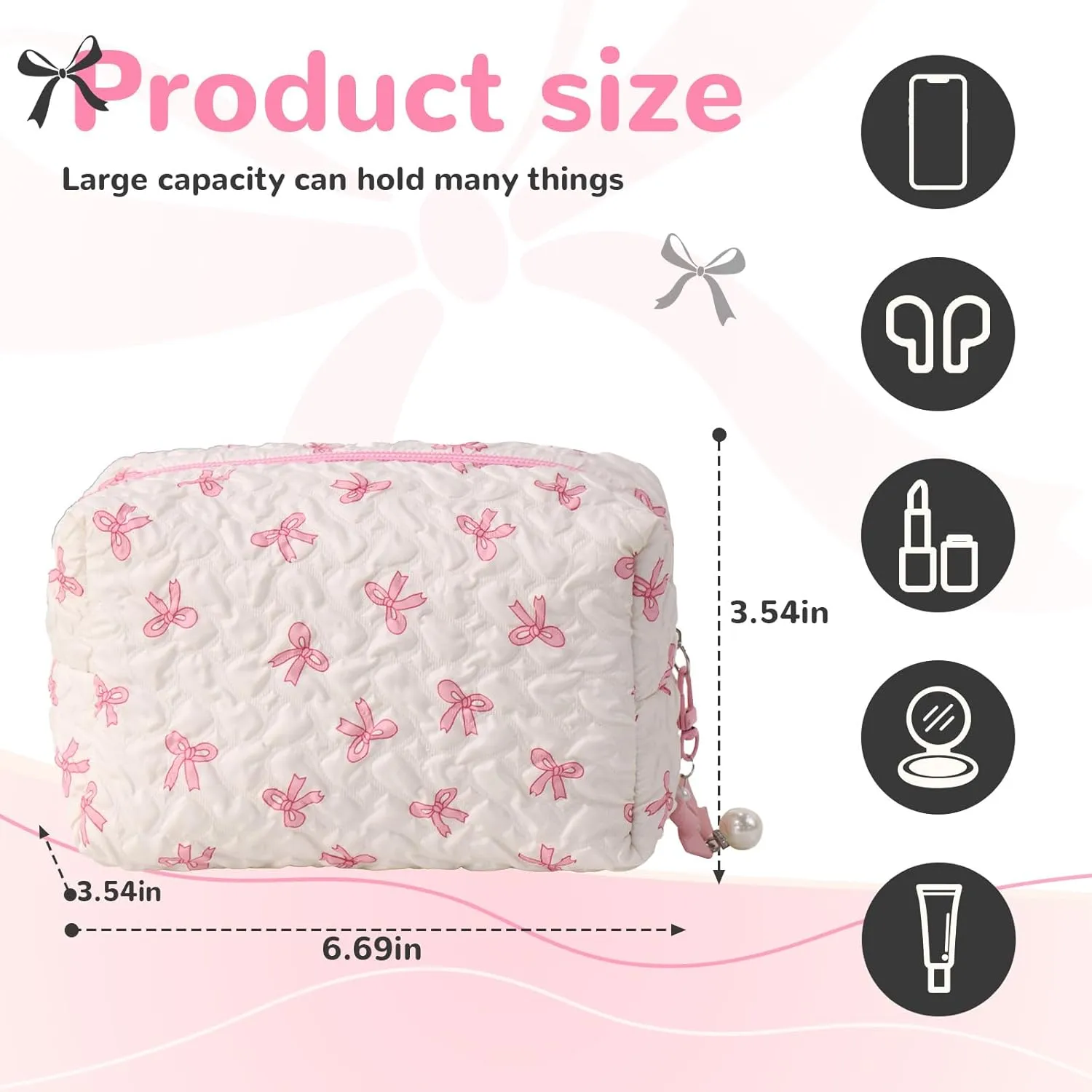 Travel Makeup Bag, Coquette Bow Makeup Pouch, Toiletry Organizer Cosmetic Bags for Women Girl (Pillow bag, White Pink)