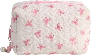 Travel Makeup Bag, Coquette Bow Makeup Pouch, Toiletry Organizer Cosmetic Bags for Women Girl (Pillow bag, White Pink)