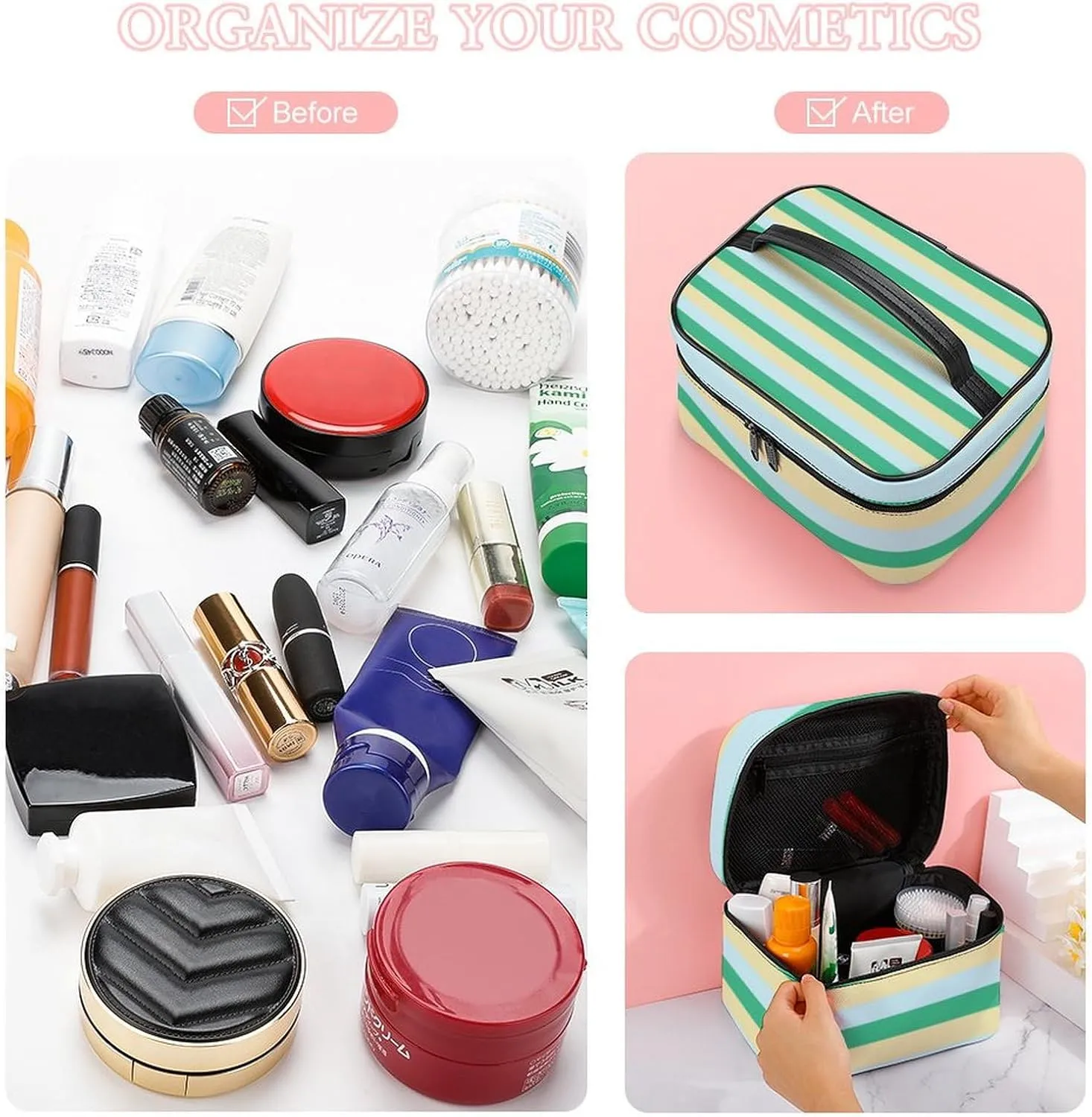 Travel Makeup Bag, Pale Blue, Aqua Green and Beige Stripes Cosmetic Bags for Women Large Capacity Waterproof Toiletry Bag Make up Organizer