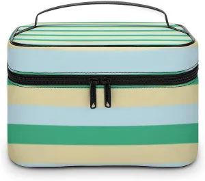 Travel Makeup Bag, Pale Blue, Aqua Green and Beige Stripes Cosmetic Bags for Women Large Capacity Waterproof Toiletry Bag Make up Organizer