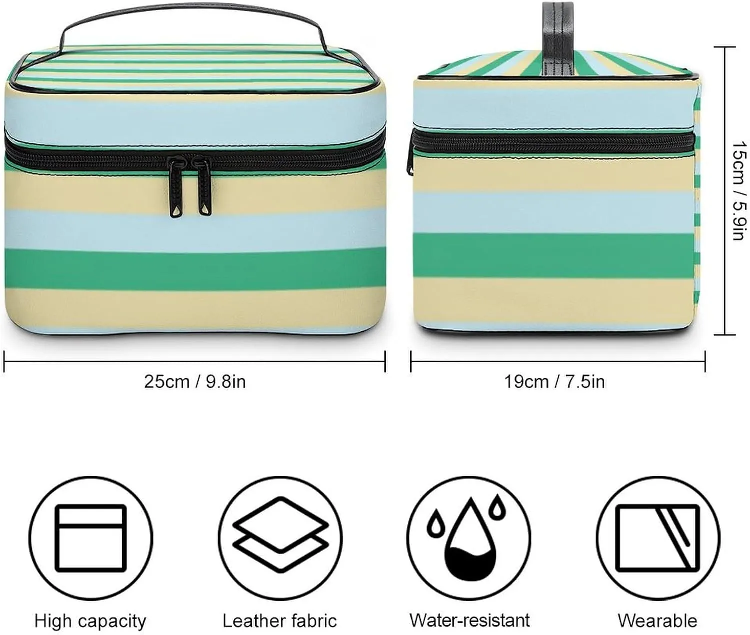 Travel Makeup Bag, Pale Blue, Aqua Green and Beige Stripes Cosmetic Bags for Women Large Capacity Waterproof Toiletry Bag Make up Organizer