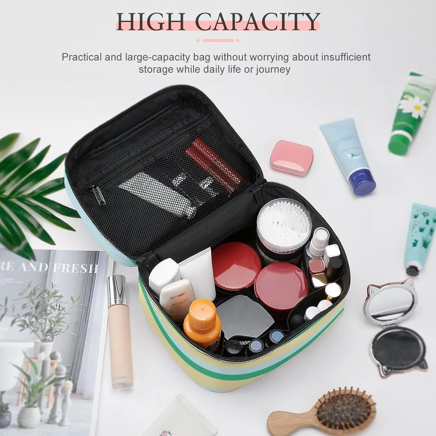 Travel Makeup Bag, Pale Blue, Aqua Green and Beige Stripes Cosmetic Bags for Women Large Capacity Waterproof Toiletry Bag Make up Organizer