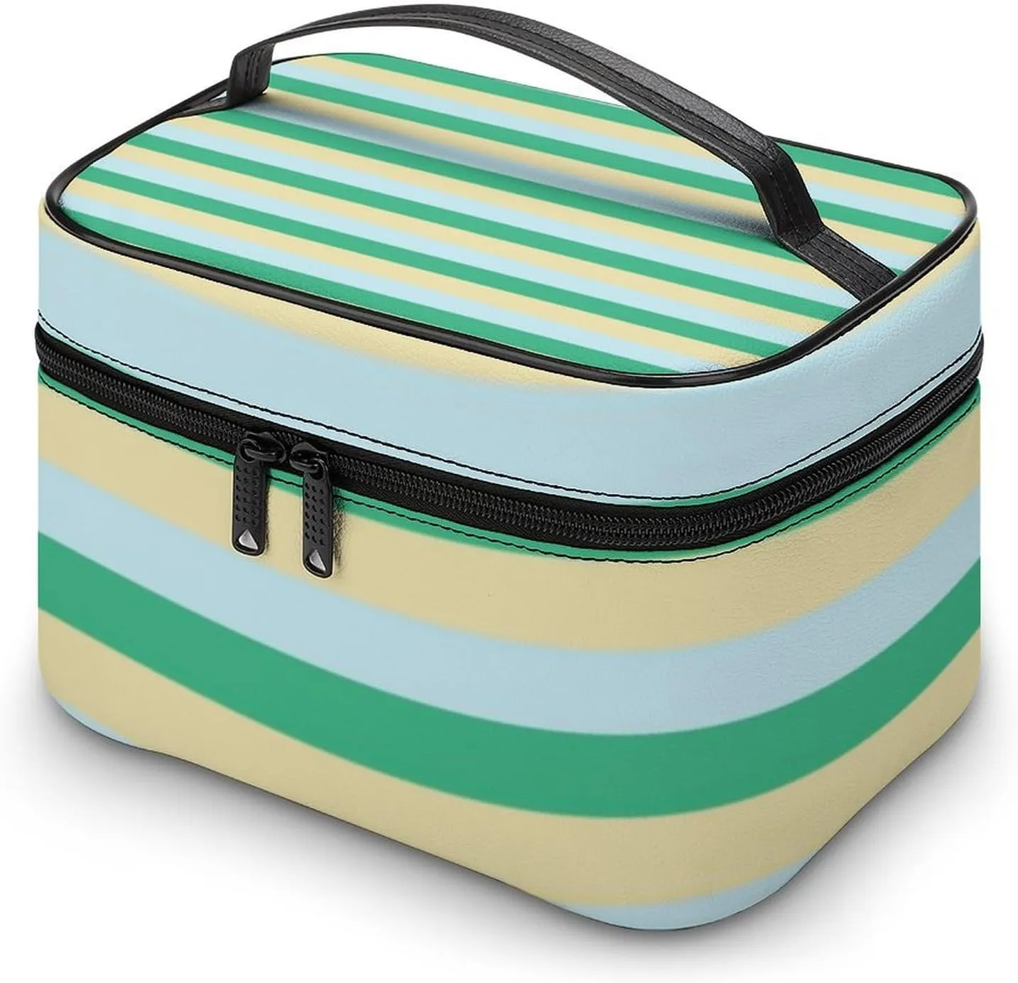 Travel Makeup Bag, Pale Blue, Aqua Green and Beige Stripes Cosmetic Bags for Women Large Capacity Waterproof Toiletry Bag Make up Organizer