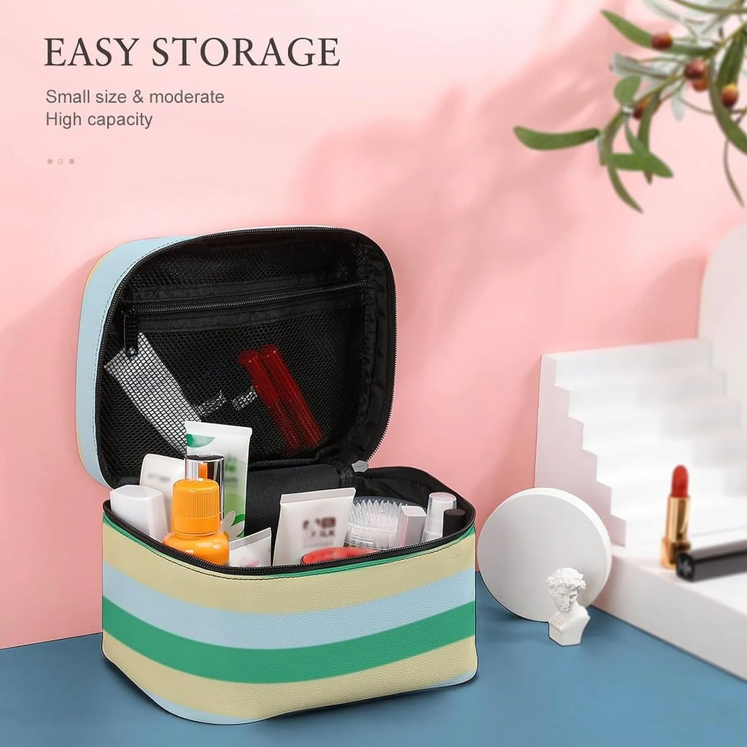 Travel Makeup Bag, Pale Blue, Aqua Green and Beige Stripes Cosmetic Bags for Women Large Capacity Waterproof Toiletry Bag Make up Organizer