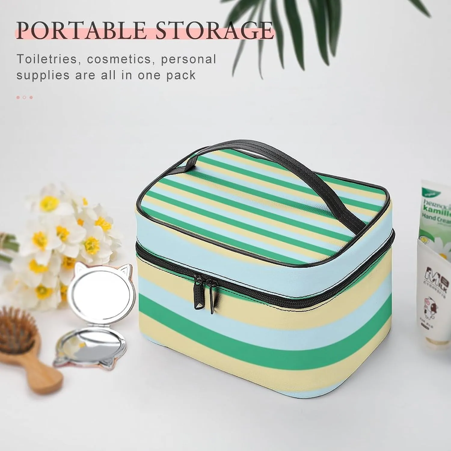 Travel Makeup Bag, Pale Blue, Aqua Green and Beige Stripes Cosmetic Bags for Women Large Capacity Waterproof Toiletry Bag Make up Organizer