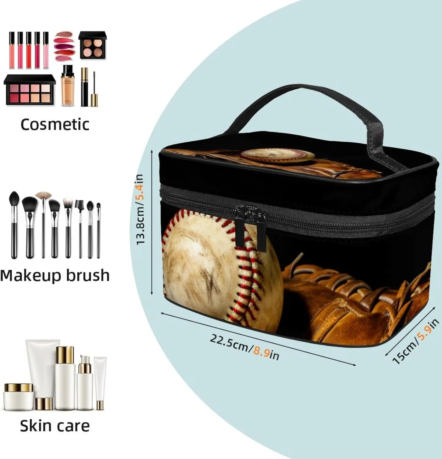 Travel Toiletry Bag,Small Makeup Bag,Vintage Baseball Gloveball Sport,Make up Bags for Women