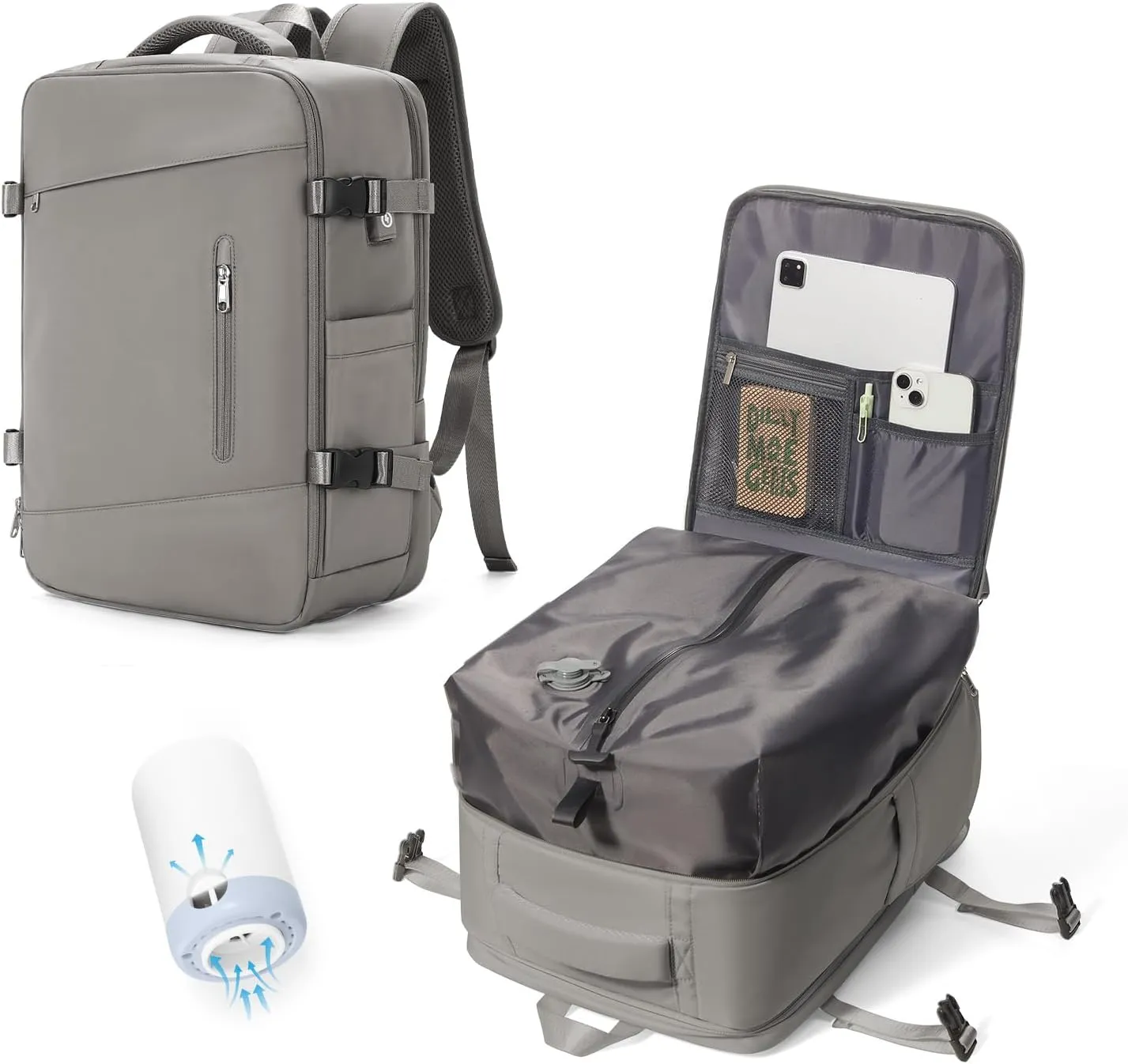 Travel Vacuum Backpack Airback Vacpack Seal Packing Backpack with Pump Storage Vacuum Compression Seal Bags Carrry on Flight Approved Personal Item Compression Laptop Work Back Pack Grey Brown