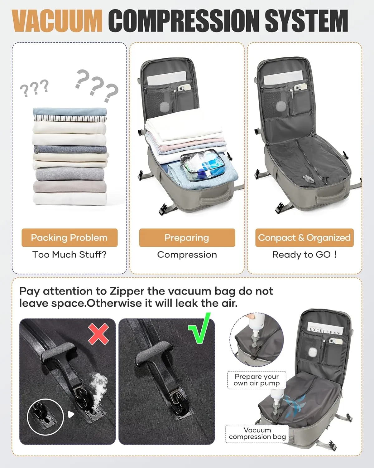 Travel Vacuum Backpack Airback Vacpack Seal Packing Backpack with Pump Storage Vacuum Compression Seal Bags Carrry on Flight Approved Personal Item Compression Laptop Work Back Pack Grey Brown