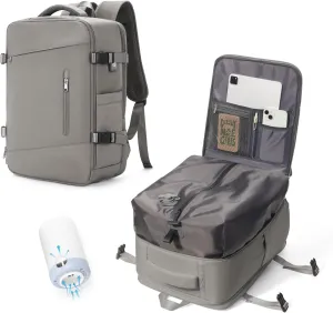 Travel Vacuum Backpack Airback Vacpack Seal Packing Backpack with Pump Storage Vacuum Compression Seal Bags Carrry on Flight Approved Personal Item Compression Laptop Work Back Pack Grey Brown