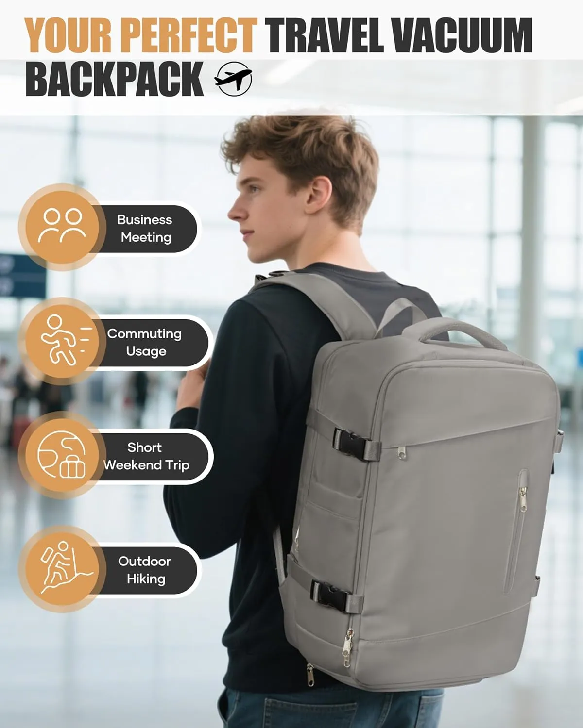 Travel Vacuum Backpack Airback Vacpack Seal Packing Backpack with Pump Storage Vacuum Compression Seal Bags Carrry on Flight Approved Personal Item Compression Laptop Work Back Pack Grey Brown