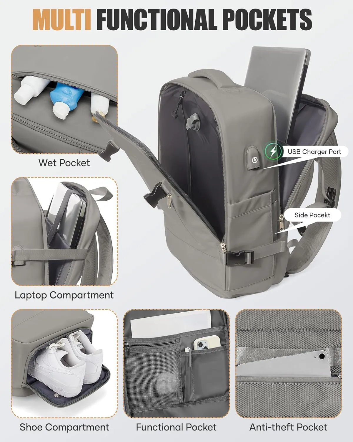 Travel Vacuum Backpack Airback Vacpack Seal Packing Backpack with Pump Storage Vacuum Compression Seal Bags Carrry on Flight Approved Personal Item Compression Laptop Work Back Pack Grey Brown