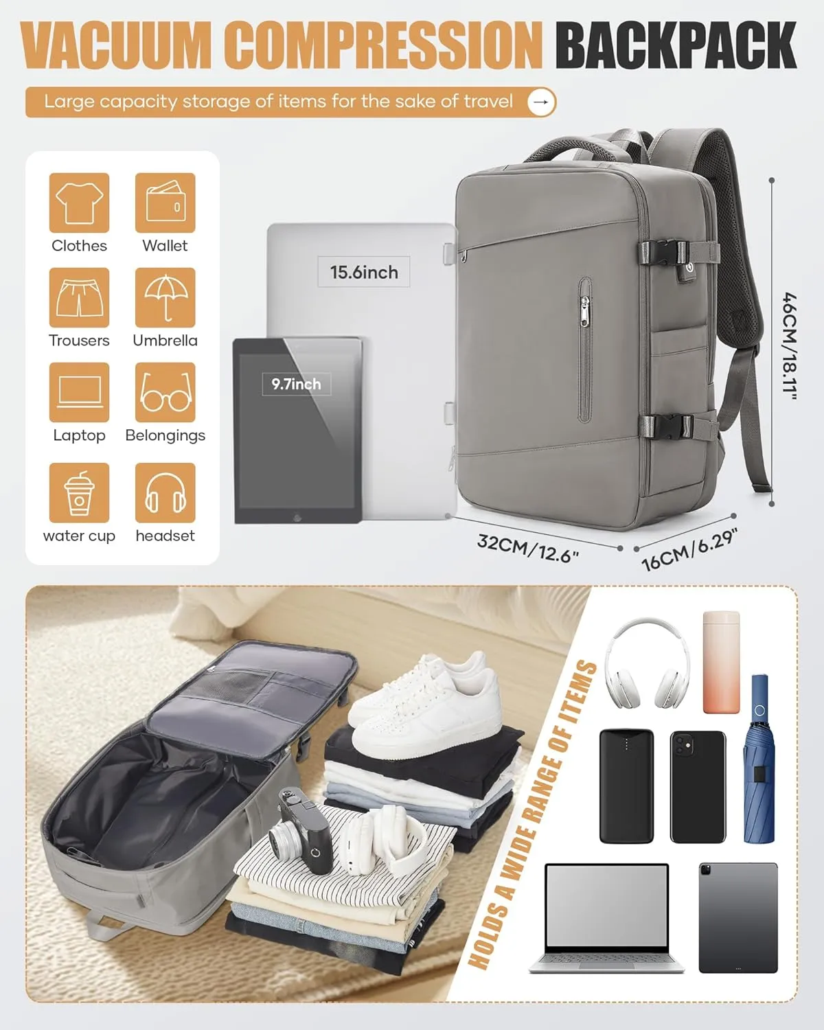 Travel Vacuum Backpack Airback Vacpack Seal Packing Backpack with Pump Storage Vacuum Compression Seal Bags Carrry on Flight Approved Personal Item Compression Laptop Work Back Pack Grey Brown