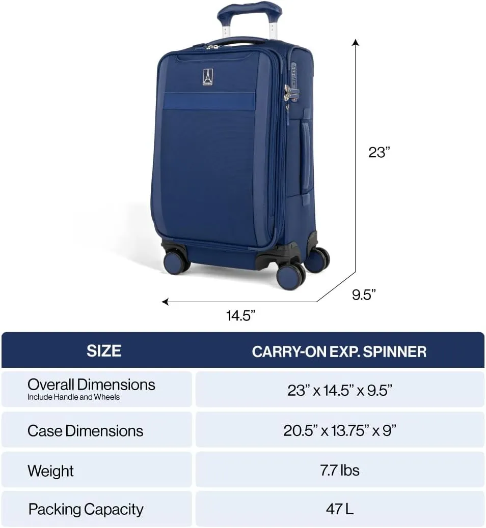 Travelpro VersaPack  Lightweight Softside Expandable Carry on Luggage, 8 Spinner Suitcase, TSA Lock, Men and Women, Carry On 21-Inch, Estate Blue